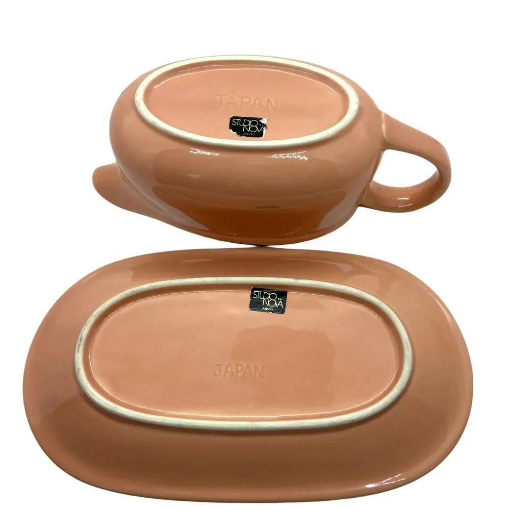 Gravy Boat Saucer & Plate Vintage Studio Nova Pink Gray Porcelain Retro Dinner